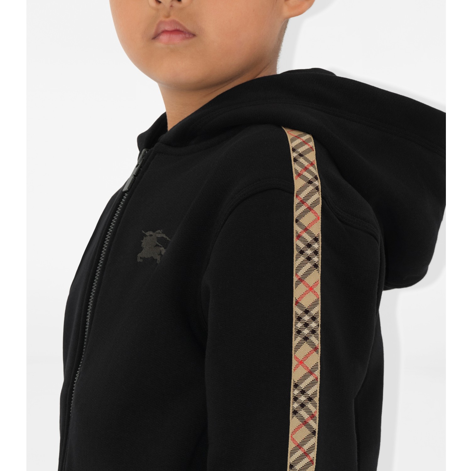 Check Trim Cotton Zip Hoodie