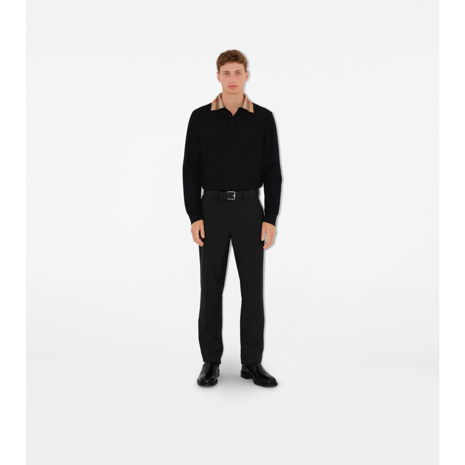 Long-sleeve Check Collar Cotton Polo Shirt