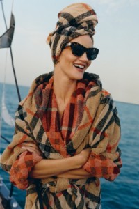 Model Rosie Huntington-Whiteley in Burberry Check Towel and Robe
