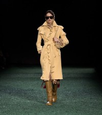 Model in Wool trench coat in sandstone